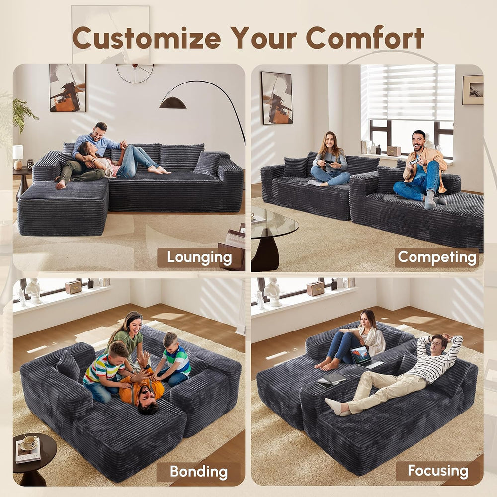 164" Boneless Cloud Couch with Round Chair, Modular Sectional Sofa with ...