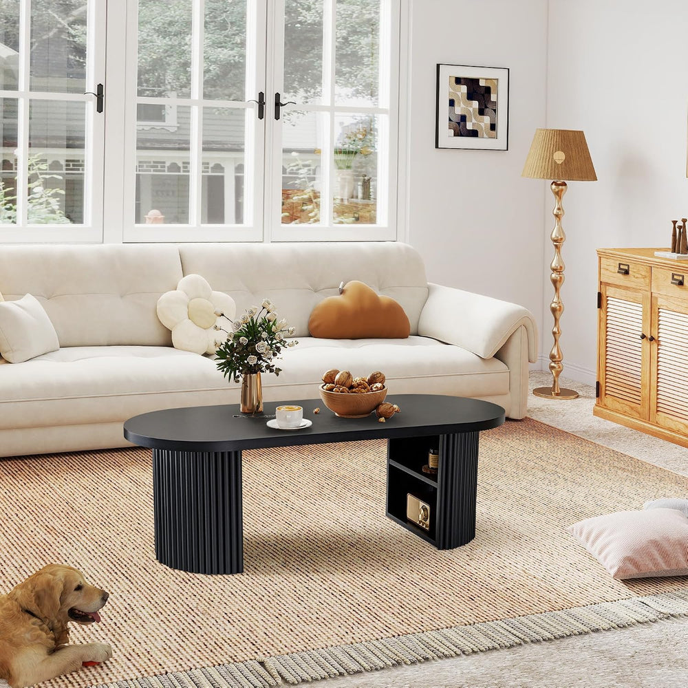 Oval Fluted Coffee Table, 47" Farmhouse Wood Coffee Table Mid Century Mo...