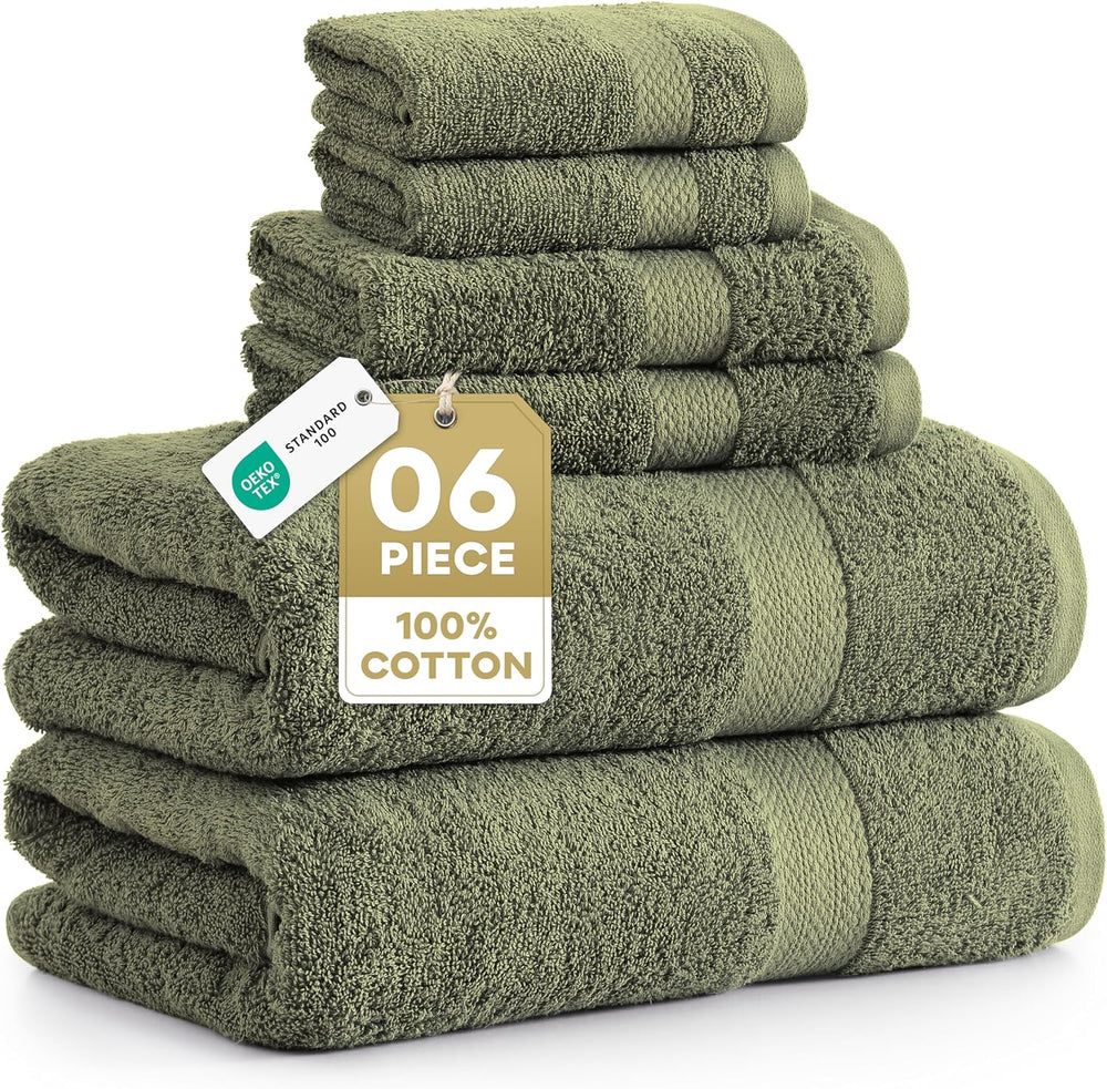 LANE LINEN Bath Towel Set 100% Cotton 6 Piece Soft Absorbent - Oil Green