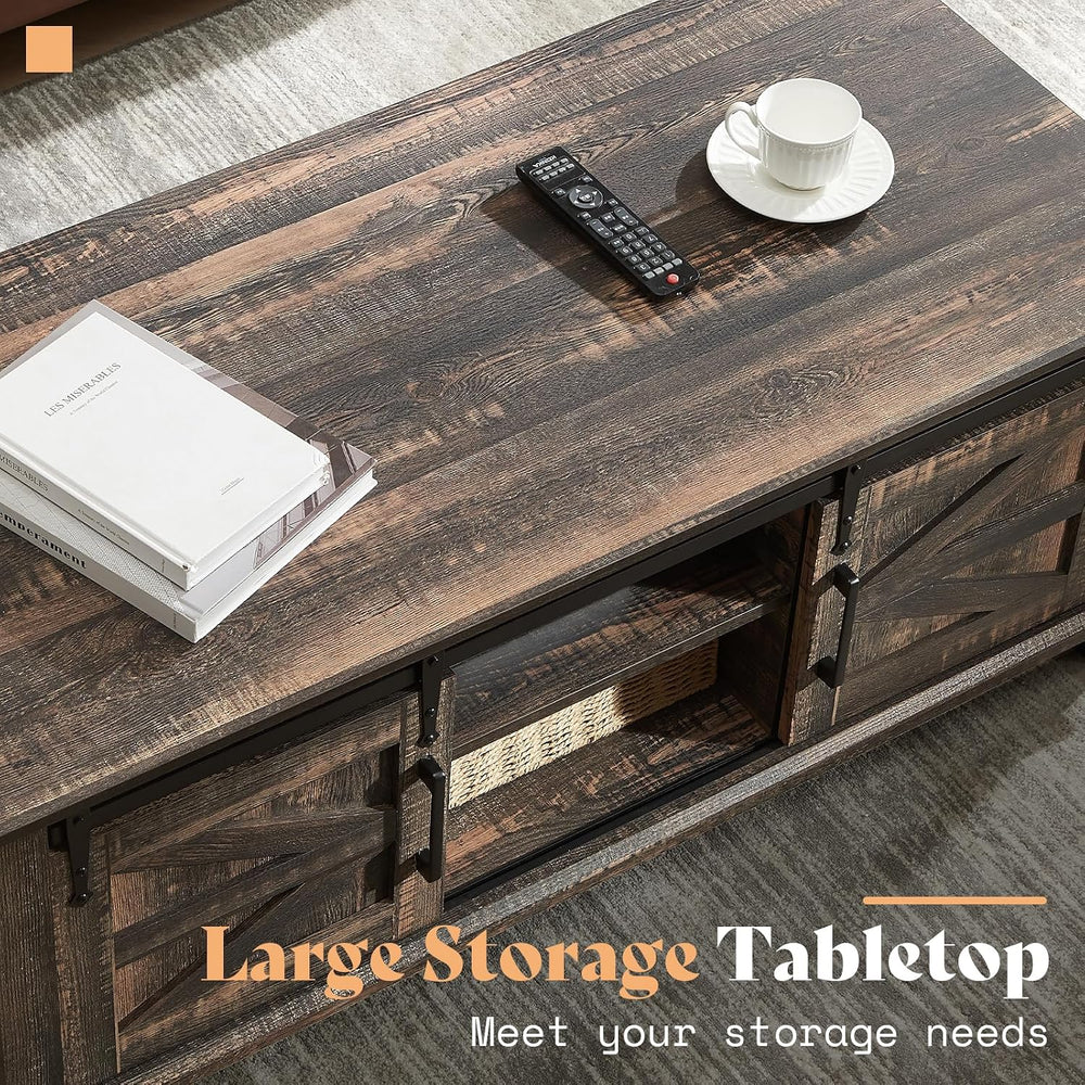 AMERLIFE 48" Farmhouse Coffee Table with Sliding Barn Doors, Black Oak