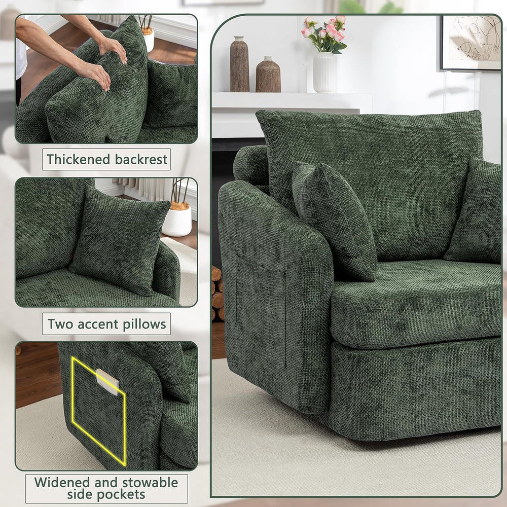 Swivel 39" Accent Chair with Ottoman & Pillows (Chenille Green)