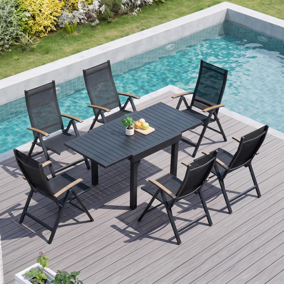 Pellebant 7 Piece Outdoor Dining Set for 6, Aluminum Table & Foldable Chair