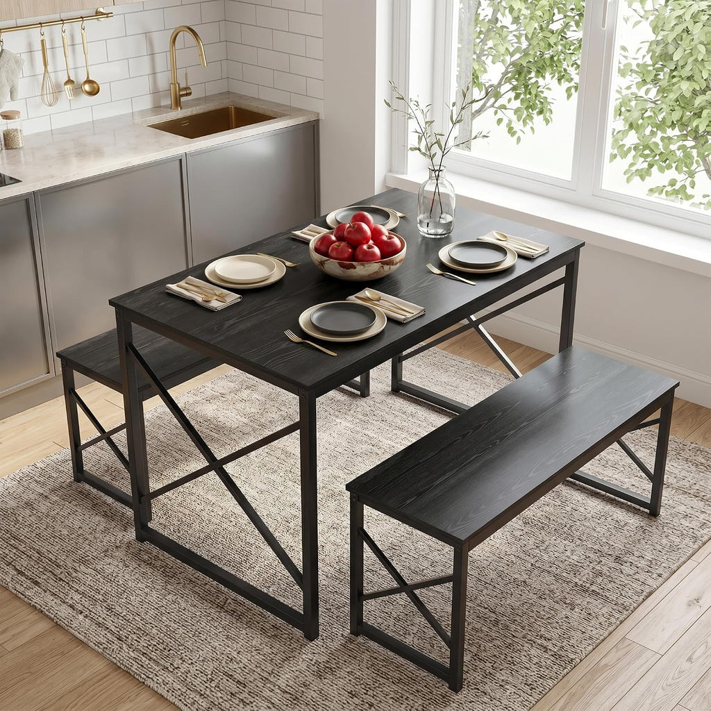 VECELO 43.3" Kitchen Dining Table Set for 4, Heavy-Duty Steel Frame & Wood-Grain Tabletop, Space-Saving Dinette Sets with 2 Benches for Breakfast Nook and Small Space, Black