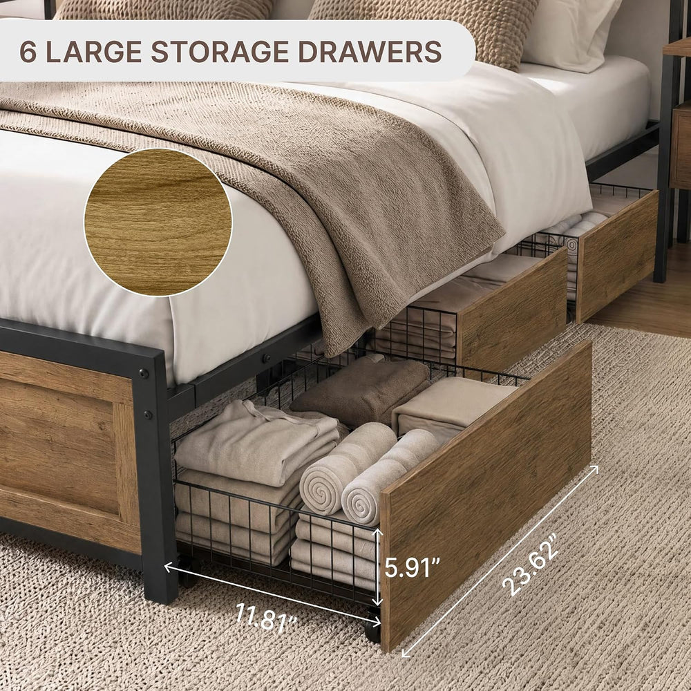 KISLOT 3PCS Bedroom Set with Storage, Industrial Bed Frame, Natural, King