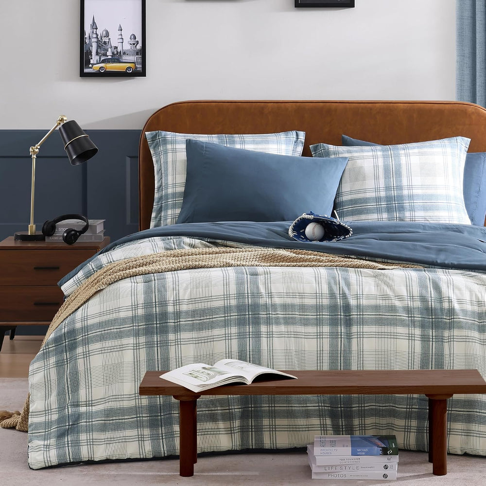 Plaid Queen Comforter Set Blue Grey 7 Pieces Farmhouse Bed in a Bag