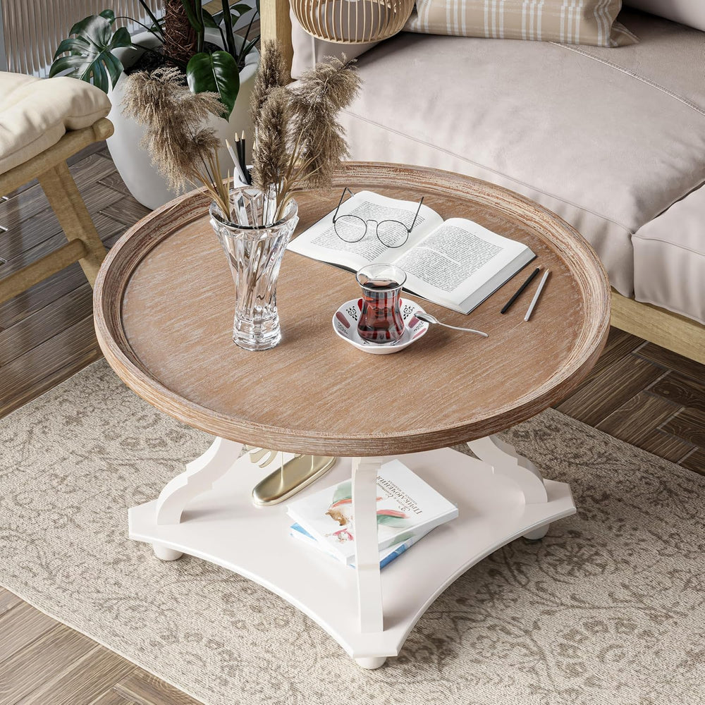 Round Farmhouse Coffee Table with Tray Top, Handmade Finish, White