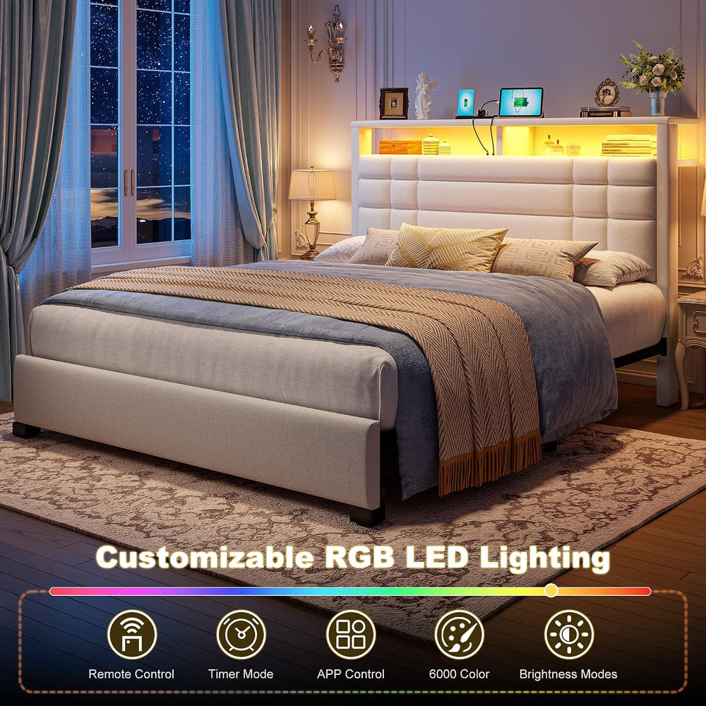 EnHomee Queen Upholstered Bed Frame with LED Lights & Charge Station, Beige