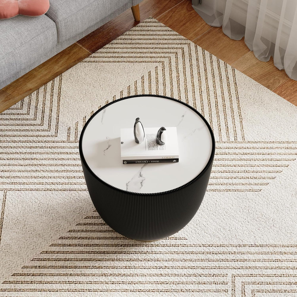 Black Round Coffee Table with Sintered Stone Tabletop, 19.69 Drum Coffee Tabl...