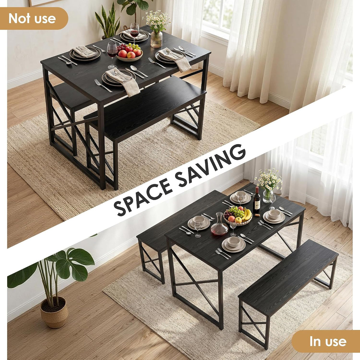 VECELO 43.3" Kitchen Dining Table Set for 4, Heavy-Duty Steel Frame & Wood-Grain Tabletop, Space-Saving Dinette Sets with 2 Benches for Breakfast Nook and Small Space, Black