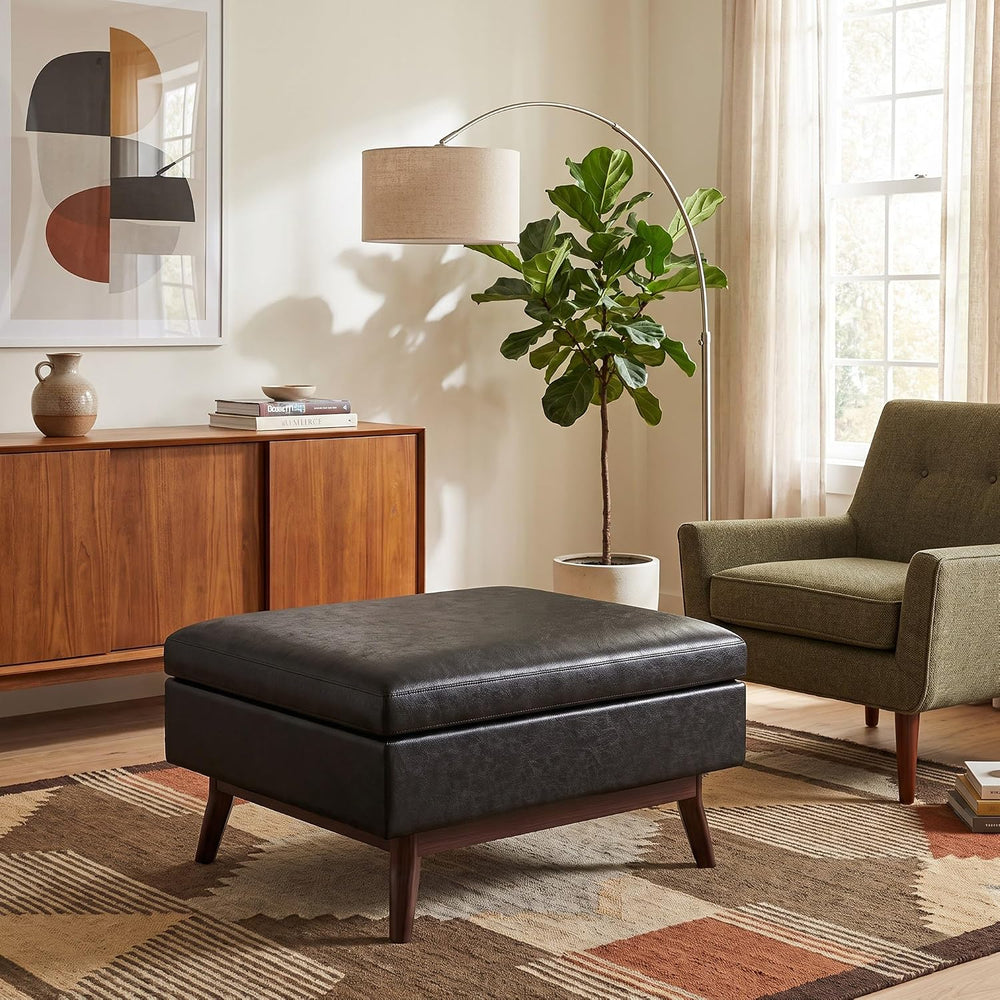 SIMPLIHOME Owen 34" Wide Vegan Leather Rectangle Lift Top Ottoman in Black