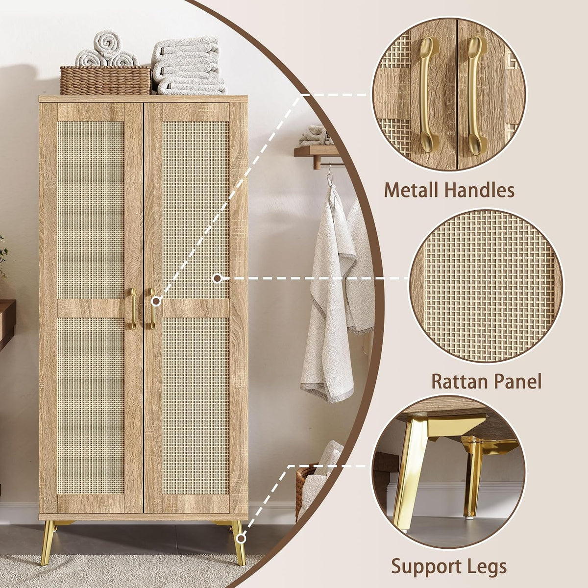 JASIWAY Tall Bathroom Storage Cabinet 57" Rattan Pantry Cabinet, Wood