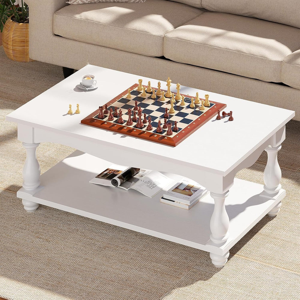 Besiost 47" Farmhouse Coffee Table with 2-Tier Storage, White