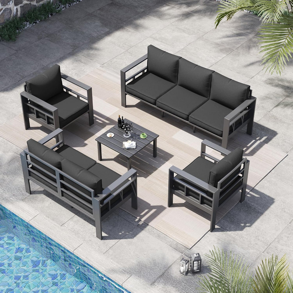 5 Piece Aluminum Patio Furniture Set With Thick Cushions and Coffee Table