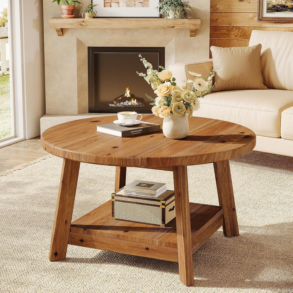 Solid Wood Round Coffee Table for Living Room, 31.5” Farmhouse Wooden 2-Tier ...