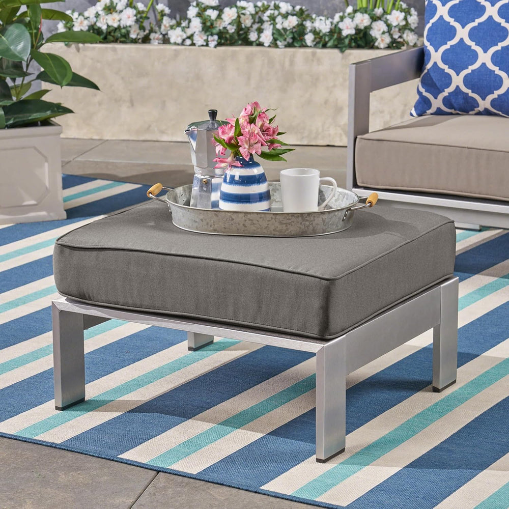 Christopher Knight Home Aya Coral Cushioned Aluminum Ottoman, Silver and Khaki