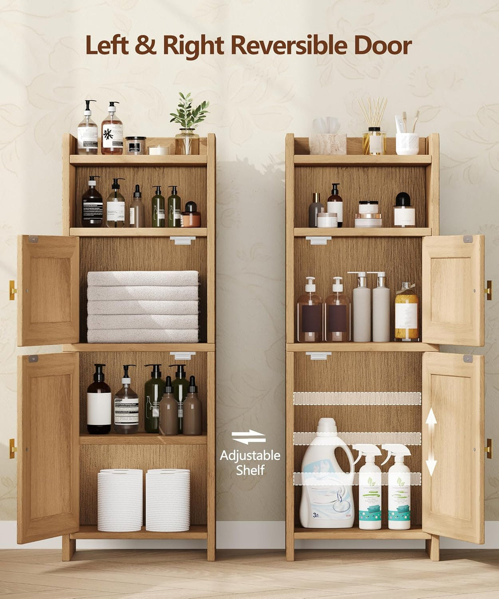 Akxomel Rattan Small Bathroom Cabinet with Open Shelf Wooden Floor Unit
