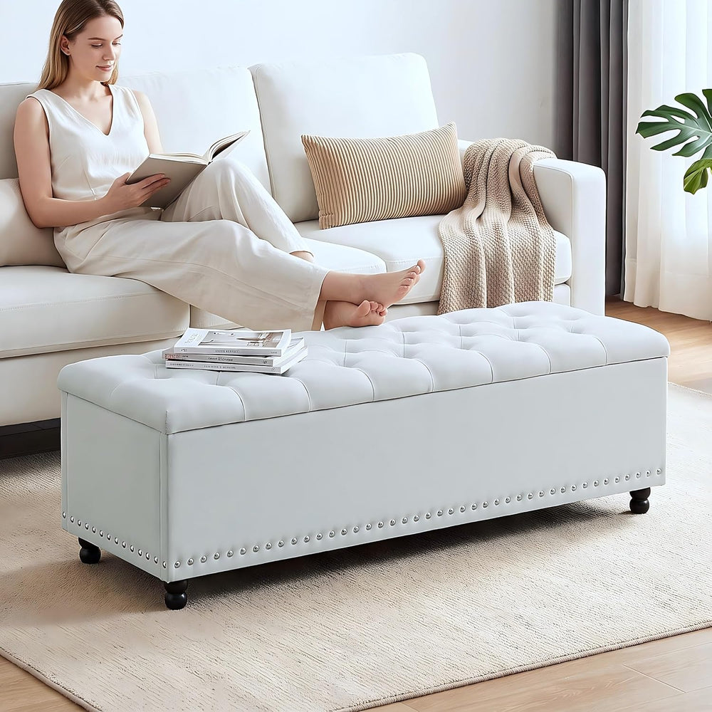51" Storage Ottoman Bench with Wooden Legs & Soft-Close, White-Gray