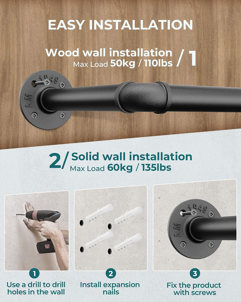 OROPY 38.4" Industrial Pipe Clothes Rack Wall Mounted, Heavy Duty, 2 Pack