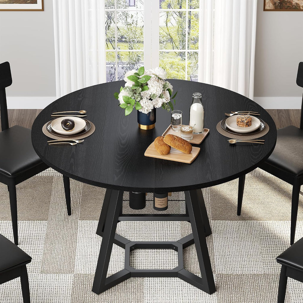 knoworld Round Dining Table for 4, Kitchen Tables Dining Room Circle Dinner Table with Pedestal Metal Frame, Space Saving Wood Industrial Kitchen & Dining Room Tables (Black, 43In)
