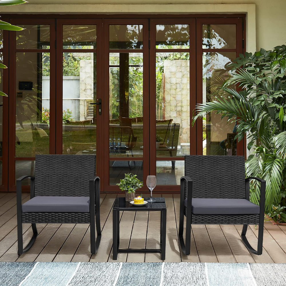 Greesum 3 Pieces Outdoor Furniture Set Patio Bistro Rocking Chairs with Glass...