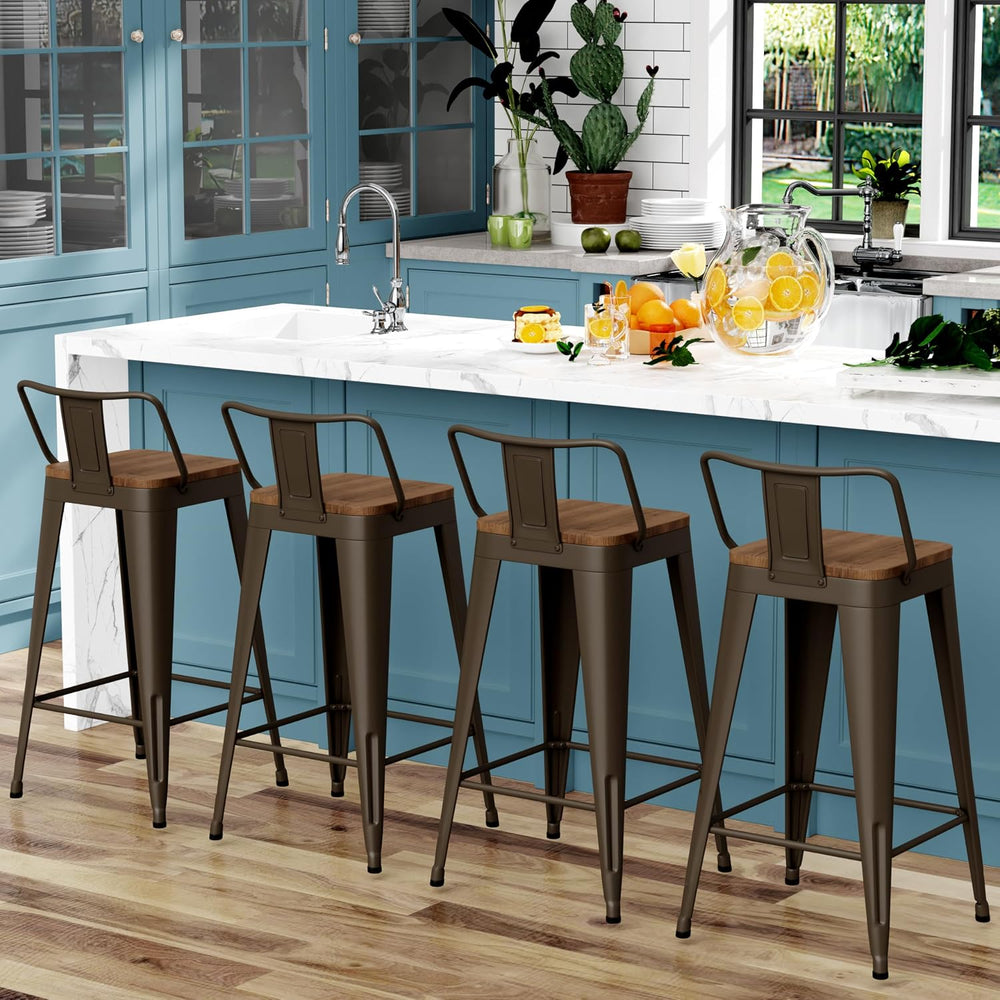 WENTMENT Industrial Rusty Bar Stools Set of 4, 24" Counter Height, Woode...