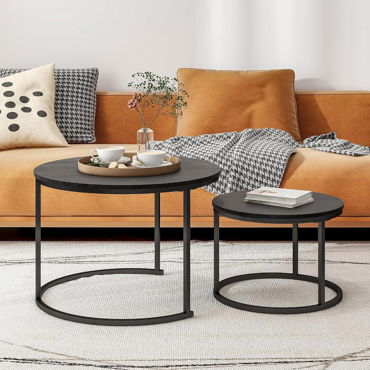 HOJINLINERO Round Nesting Coffee Table Set of 2,Wood Cocktail Table,Black | Center Table for Living Room,Small Apartment,Small Space,Side Tables,Easy Assembly,Sturdy Metal Frame Wooden Tabletop,Large