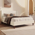 Modern Boucle Upholstered Platform Bed, with Wingback Headboard and Walnut Wooden Legs, No Box Spring Needed, Queen Size, White