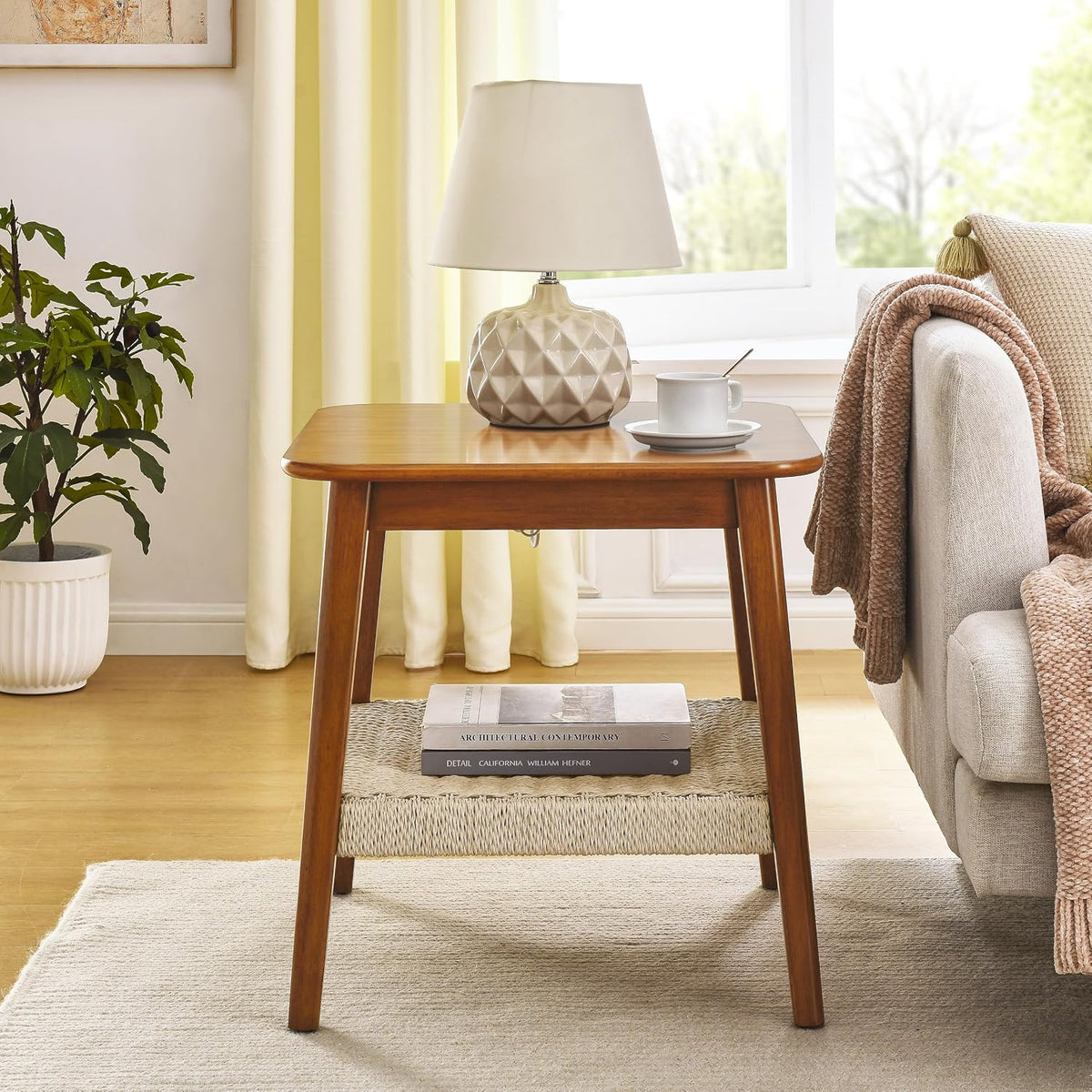 23" Handwoven Storage Corner End Table, Retro End Table with Stable Load-Bearing Design, Decorative Accent Table for Living Room Office, Walnut