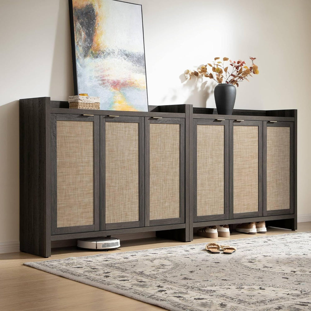 SICOTAS Shoe Storage Cabinet, 30 Pairs Rattan Shoe Cabinet for Entryway