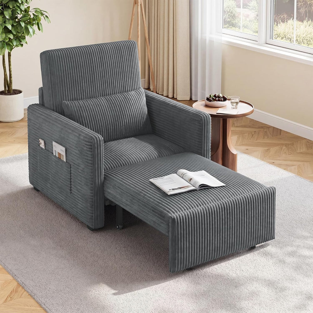 Ahomly 3 in 1 Pull Out Sleeper Chair, 75.2” Corduroy Single Sofa, Dark Gray