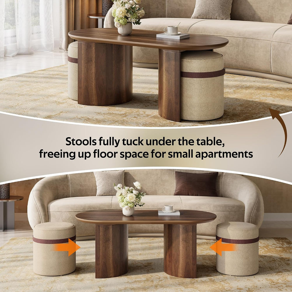 Merax 3-Piece Oval Coffee Table Set with 2 Nesting Ottoman Stools, Brown