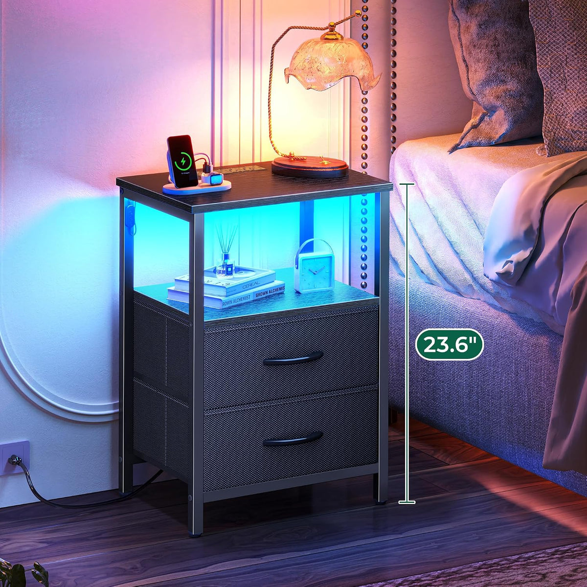 Huuger Night Stand with Charger Station and LED Lights, 2 Drawer Nightstand, Bed Side Table with Open Shelf, End Table, Fabric Drawers for Bedroom, Black