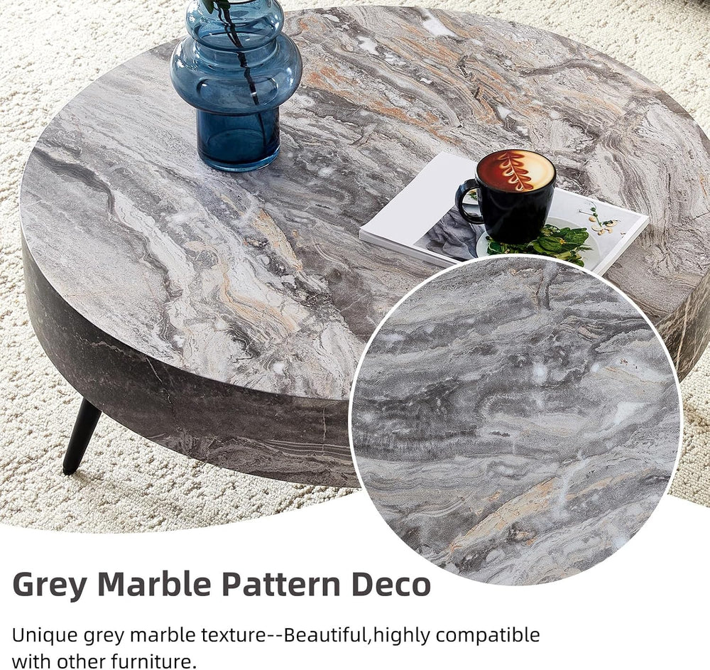 Round Coffee Table, Small Wood Marble Coffee Table with Metal Legs, Modern Mi...