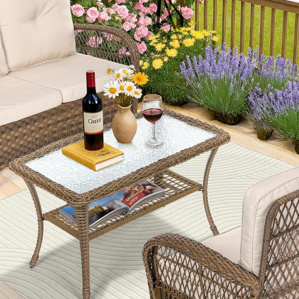 MEETWARM Wicker Patio Coffee Table, 34.5" Rectangle Outdoor Coffee Table...