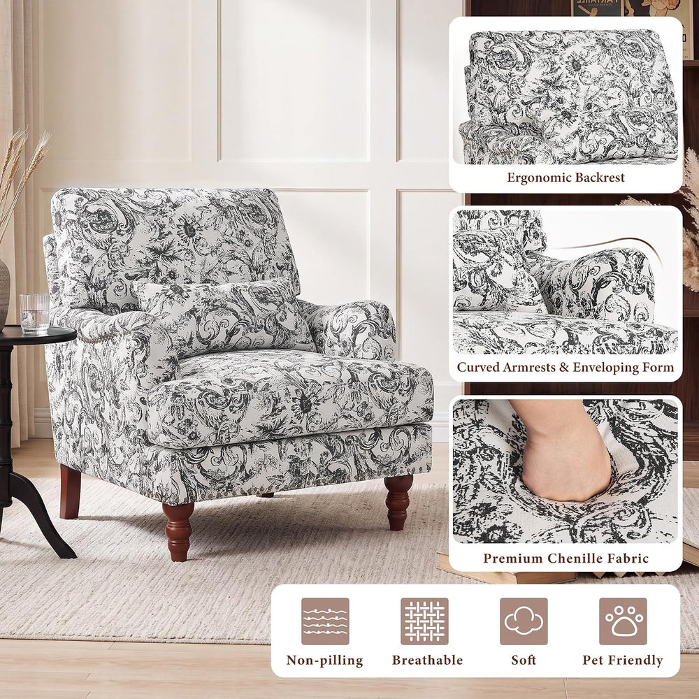 Floral Accent Chair, Chenille Upholstered Armchair, Rococo Black