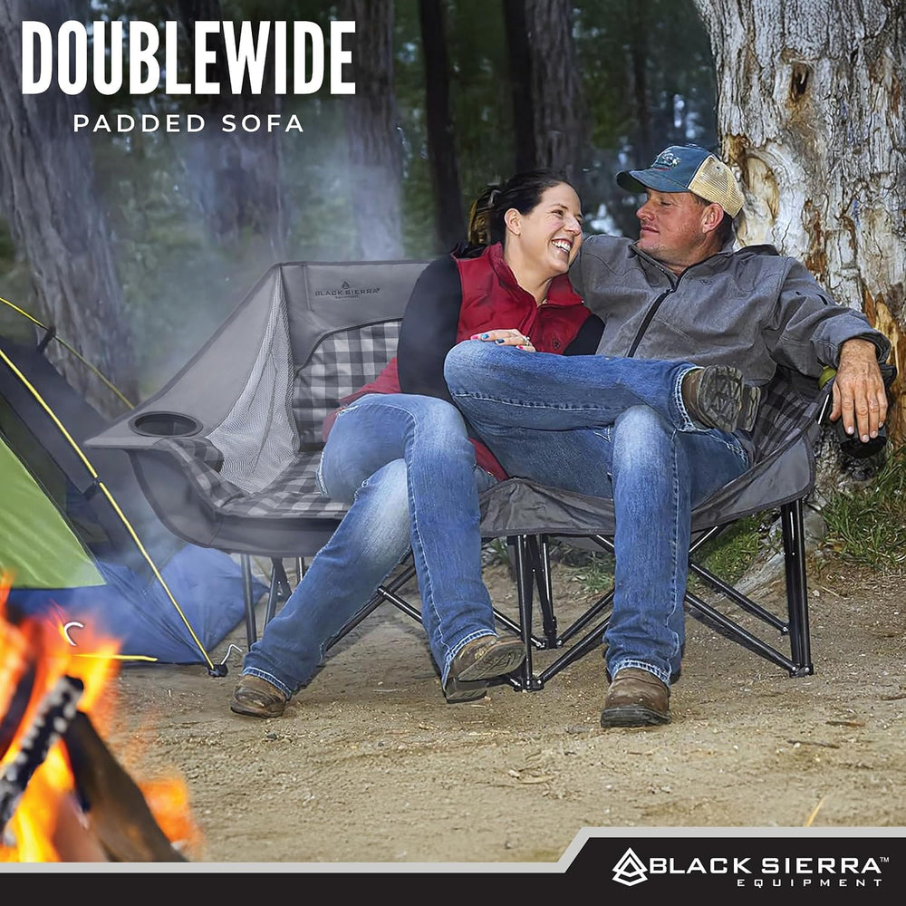 Black Sierra Double Camping Chair Loveseat, Oversized Padded, 600 lb