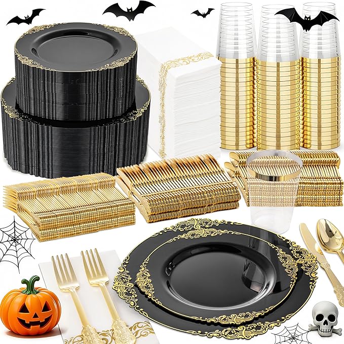 Nervure 350PCS Black Plastic Plates - Black Plastic Dinnerware Sets for 50 Gu...