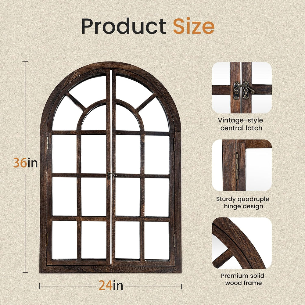 AMOISE Arched Wall Mirror with Wood Window Pane Frame, 24 x 36 Inch, Brown