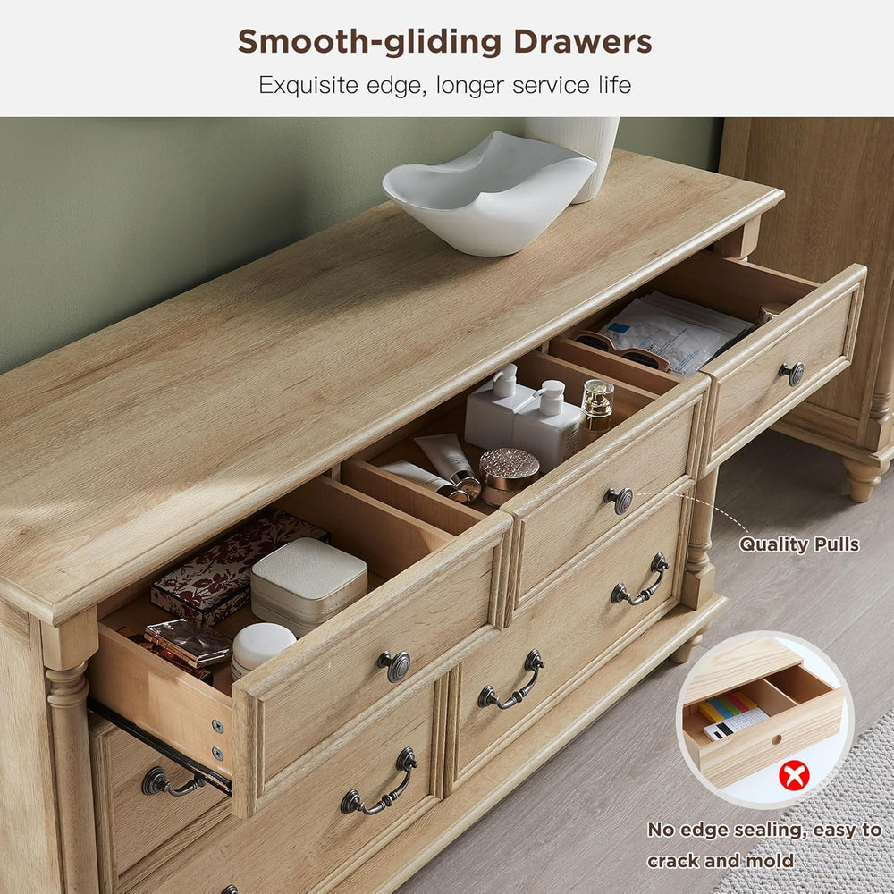 T4TREAM Farmhouse 7-Drawer Dresser with Solid Wood Feet, Natural Oak