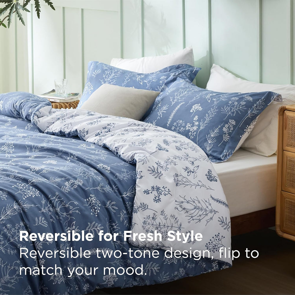 Bedsure Floral Comforter Set Cute Bedding Set Queen Reversible Infinity Blue