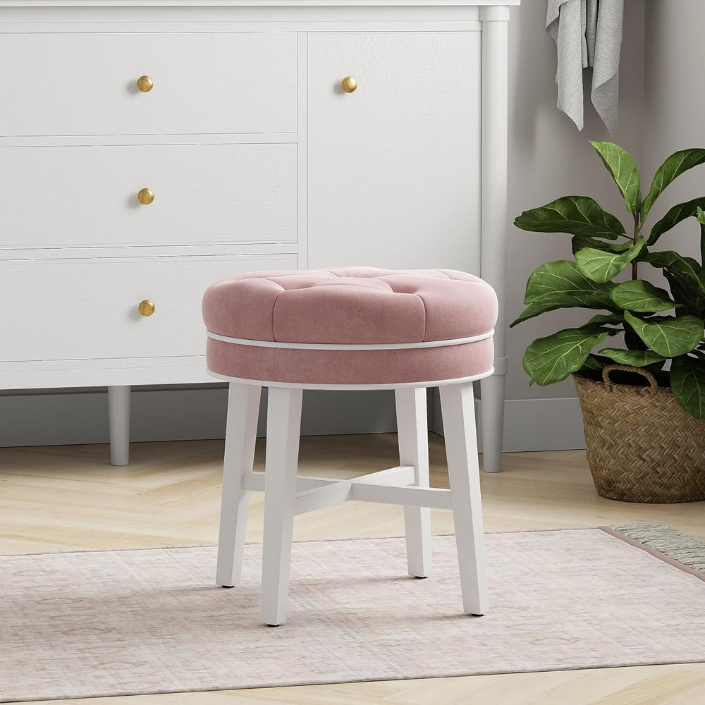Hillsdale Sophia Round Tufted Wood Upholstered Backless Vanity Stool for Make...