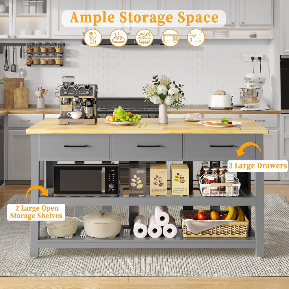 DynJest 60" Solid Rubberwood Kitchen Island with Power Outlets, Hooks, Grey