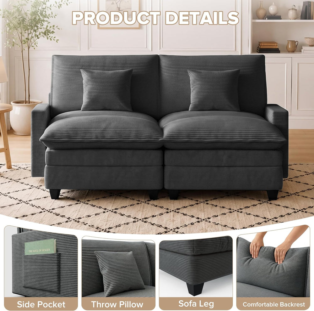 74" Cloud Loveseat with 2 Movable Ottoman, Deep Seat Modular Sectional Sofa