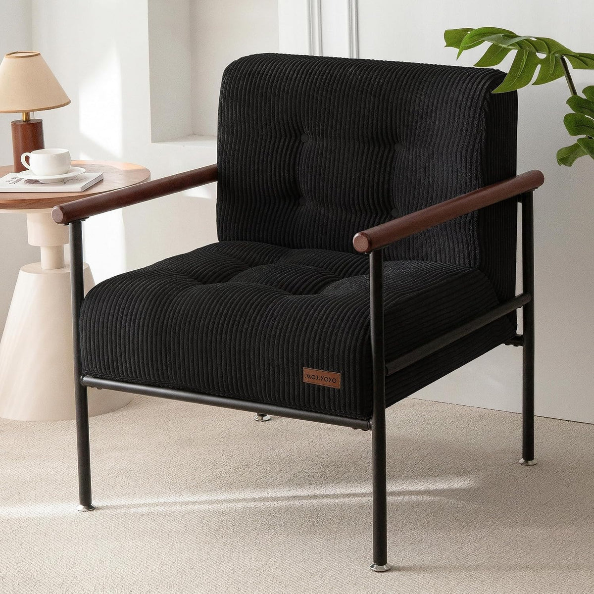 MAXYOYO Accent Chair, Modern Living Room Chair with Metal Frame | Upholstered Reading Chair with Support Cushion, Comfortable Seating for Living Rooms, Bedrooms, Balconies or Porches, Black