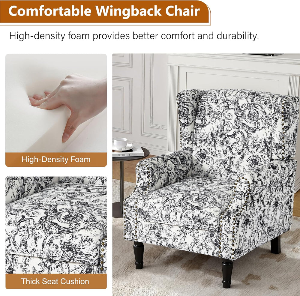 Floral Wingback Accent Chair, High Back Upholstered Armchair, Rococo Black