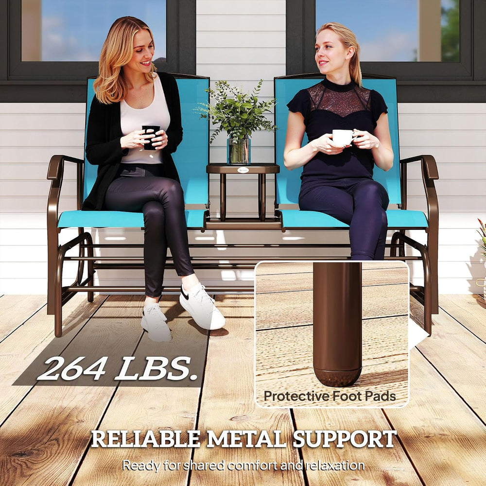 Outsunny Outdoor Glider Bench with Center Table Metal Frame Armrests Blue
