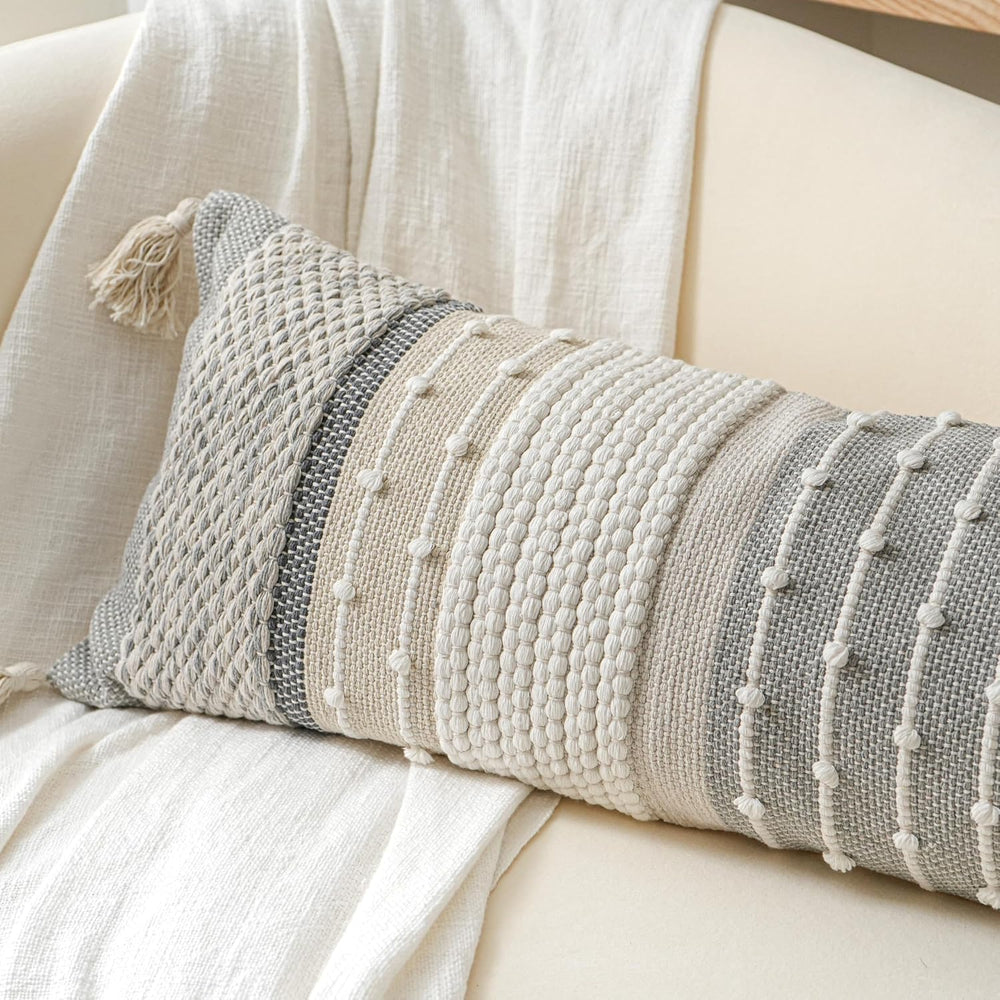 BlissBlush Gray Boho Lumbar Throw Pillow Cover 14x36 Grey Accent Long Body Lu...