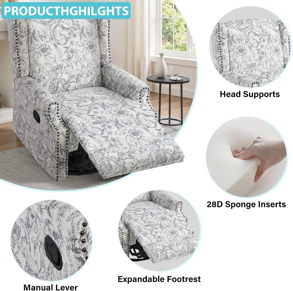 Swivel Rocker Recliner Chair, Rococo Wingback Armchair, Light Gray