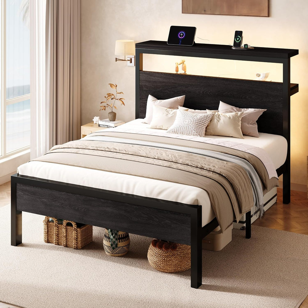 SHA CERLIN Twin Bed Frame, 2-Tier Storage Headboard, LED, Charging Station