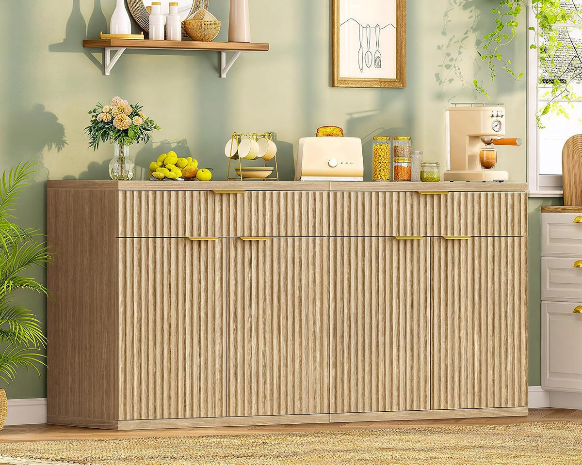 TEENFON 31.5" W Fluted Buffet Cabinet with Storage, Sideboard Cabinet, Coffee Bar Cabinet with 2 Doors and Adjustable Shelf for Living Room, Kitchen, Entryway, Natural